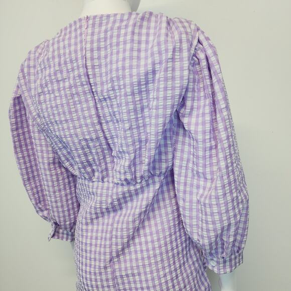 Zara Farmers Daughter Mini Dress Size M Purple Ruched Front Gingham Puff Sleeve - Picture 8 of 16